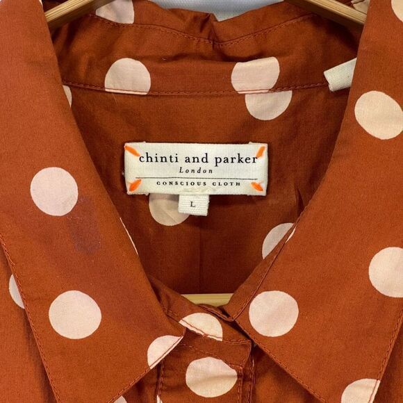 Chinti & Parker Brown White Polka Dot Long Sleeve Button Up Shirt Size Large - Picture 2 of 9